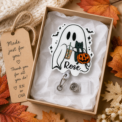 Personalized Halloween Ghost and Cat Badge Reel