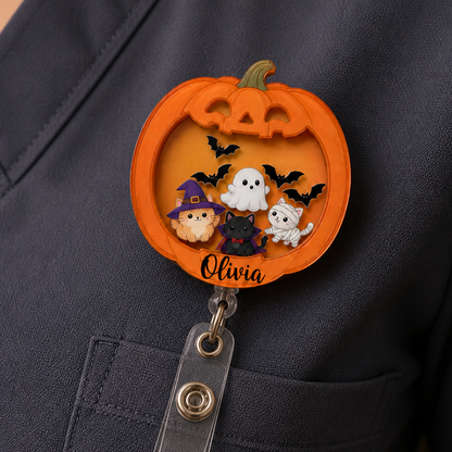 Personalized Halloween Pumpkin Ghost and Cat Badge Reel