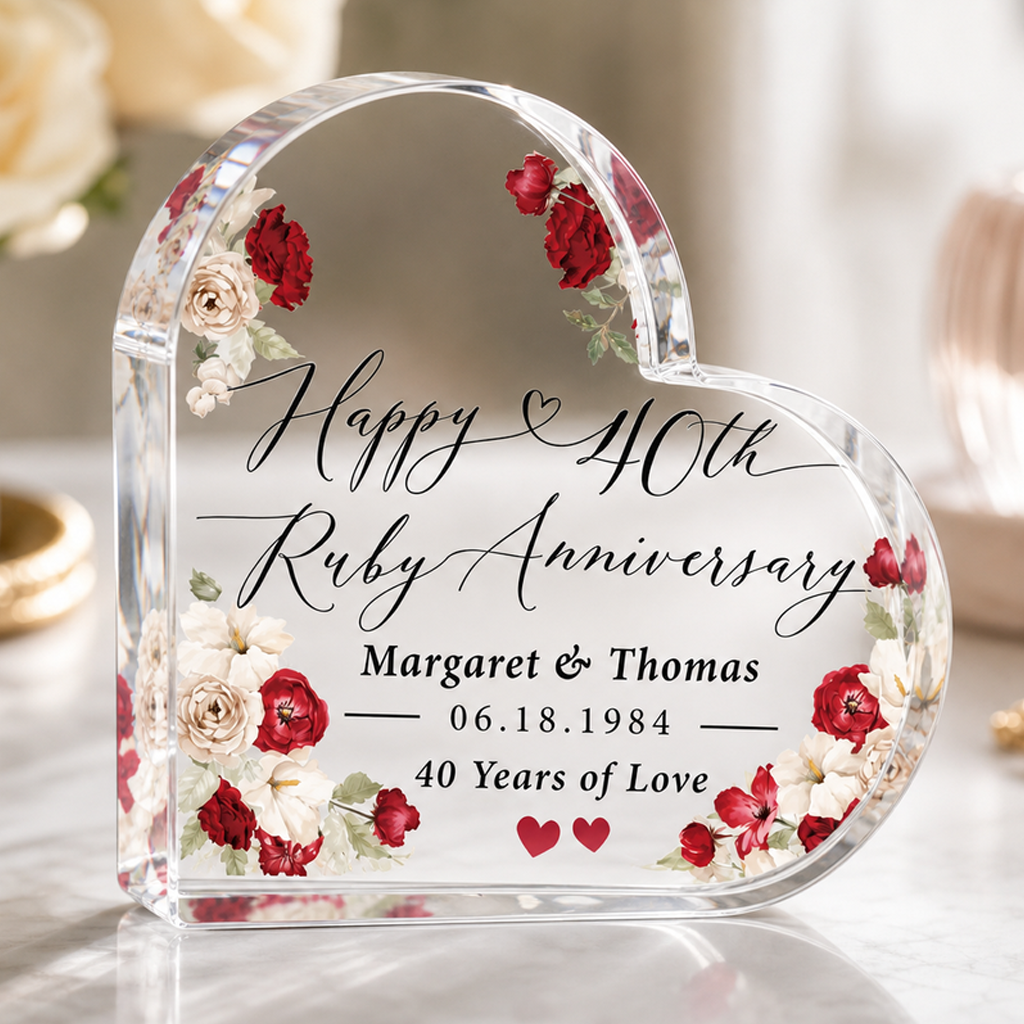 Personalized Ruby Anniversary Acrylic Heart Block, 40th Wedding Keepsake for Couples