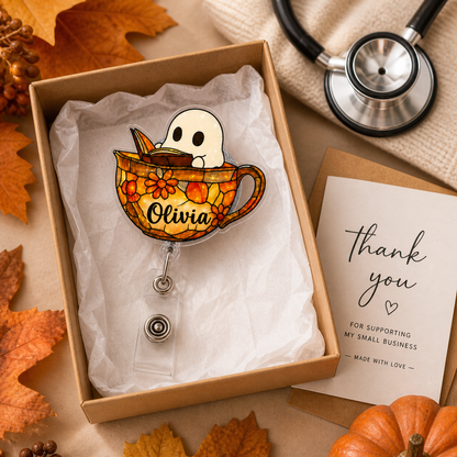 Personalized Halloween Ghost Teacup Badge Reel