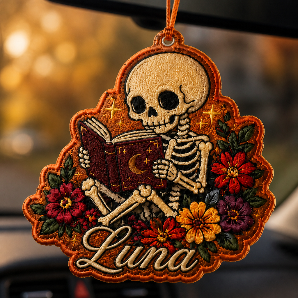 Personalized Halloween Skeleton Reading Embroidered Car Ornament