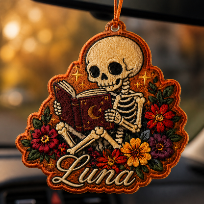 Personalized Halloween Skeleton Reading Embroidered Car Ornament