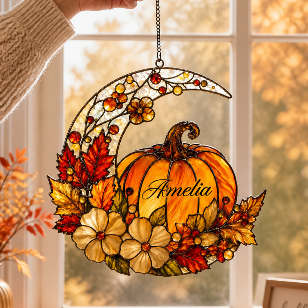Personalized Pumpkin Moon Halloween Acrylic Suncatcher