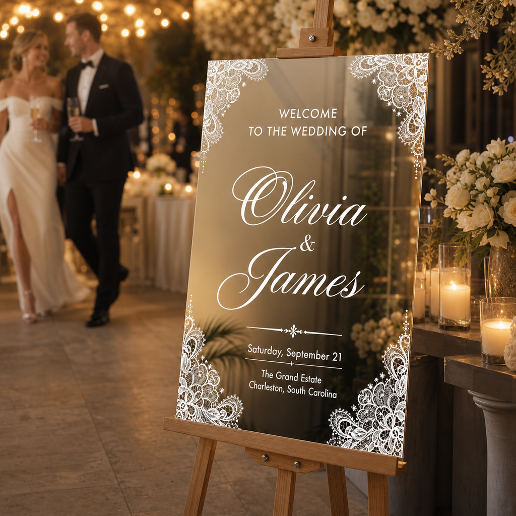 Personalized Gold Mirror Wedding Welcome Sign with Lace Details