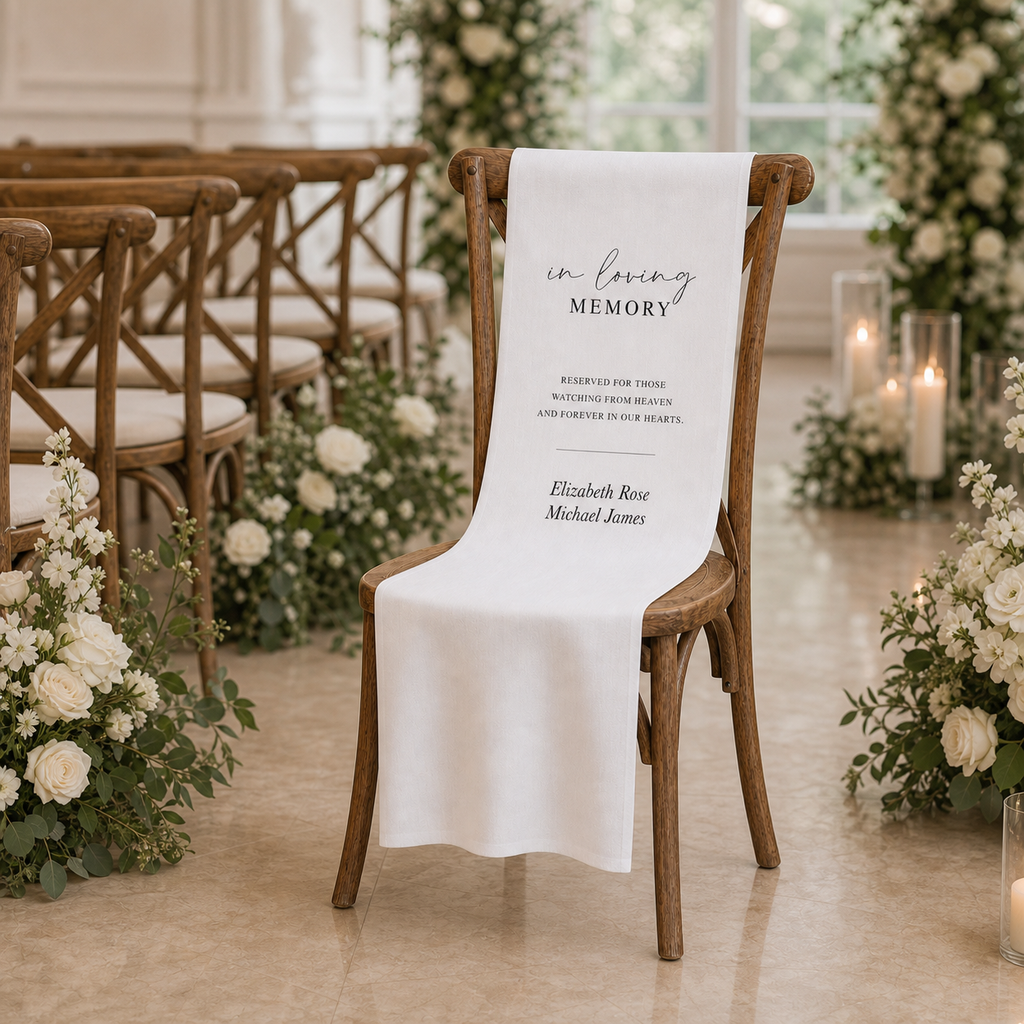 Personalized Wedding Chair Sign In Loving Memory White Fabric