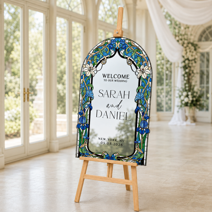 Personalized Blue Iris Stained Glass Wedding Welcome Sign