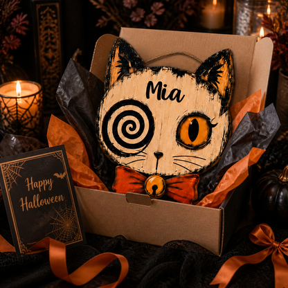 Personalized Spooky Cat Halloween Wooden Door Sign