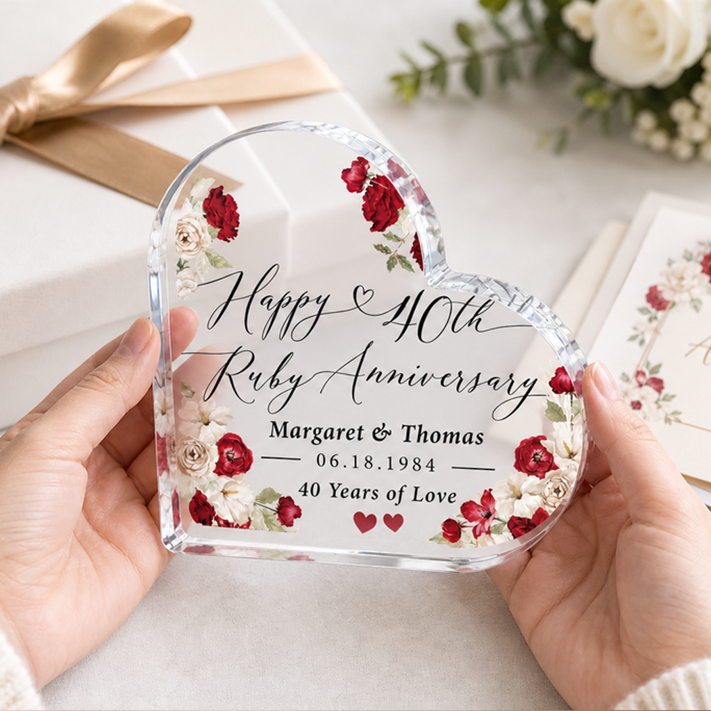 Personalized Ruby Anniversary Acrylic Heart Block, 40th Wedding Keepsake for Couples