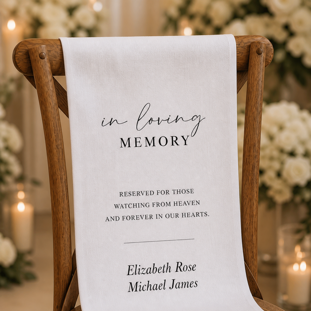 Personalized Wedding Chair Sign In Loving Memory White Fabric