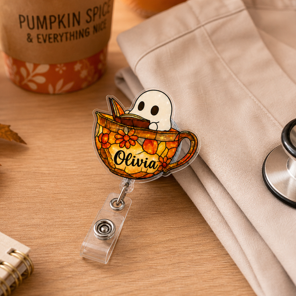 Personalized Halloween Ghost Teacup Badge Reel