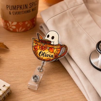 Personalized Halloween Ghost Teacup Badge Reel