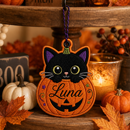 Personalized Black Cat Pumpkin Embroidered Halloween Ornament