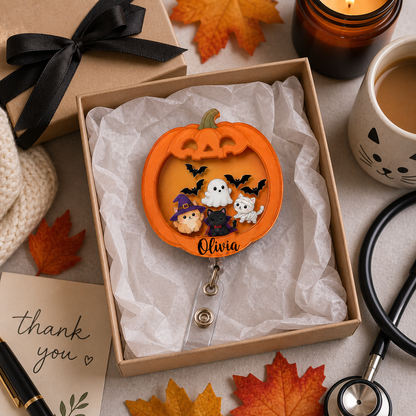 Personalized Halloween Pumpkin Ghost and Cat Badge Reel