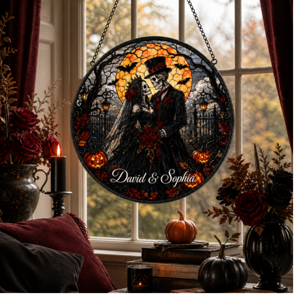 Custom Gothic Skeleton Couple Stained Glass Suncatcher