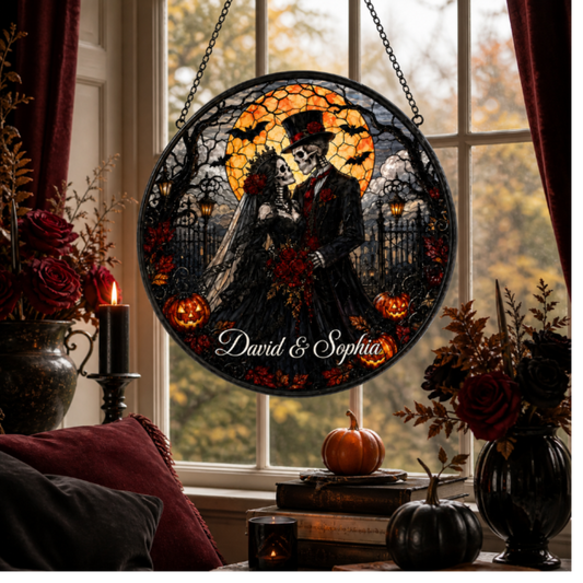 Custom Gothic Skeleton Couple Stained Glass Suncatcher