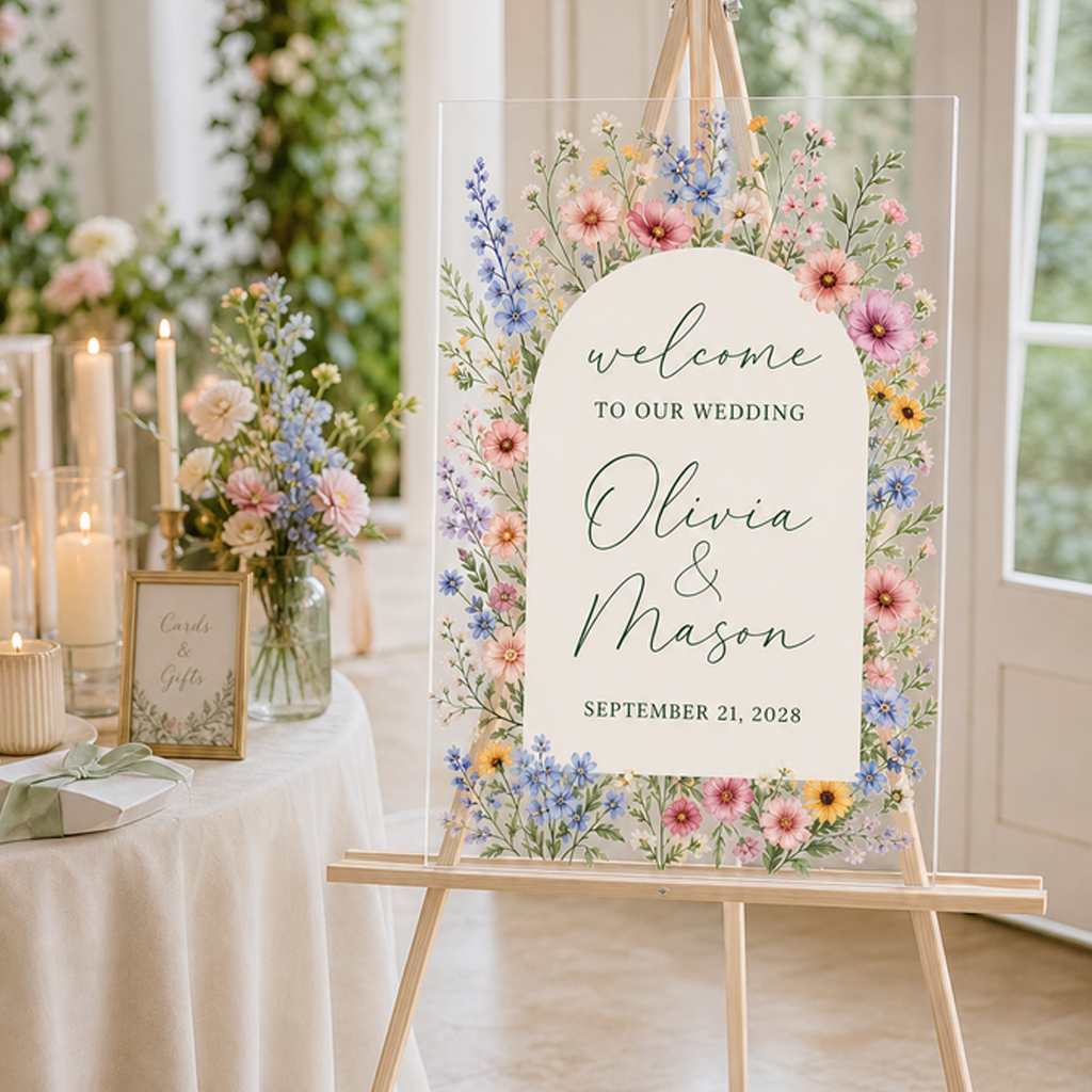 Personalized Wildflower Acrylic Wedding Welcome Sign