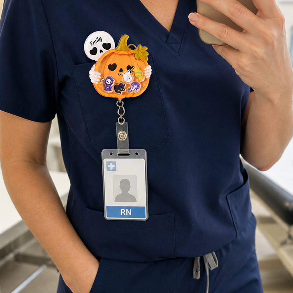 Personalized Pumpkin Skeleton Halloween Badge Reel