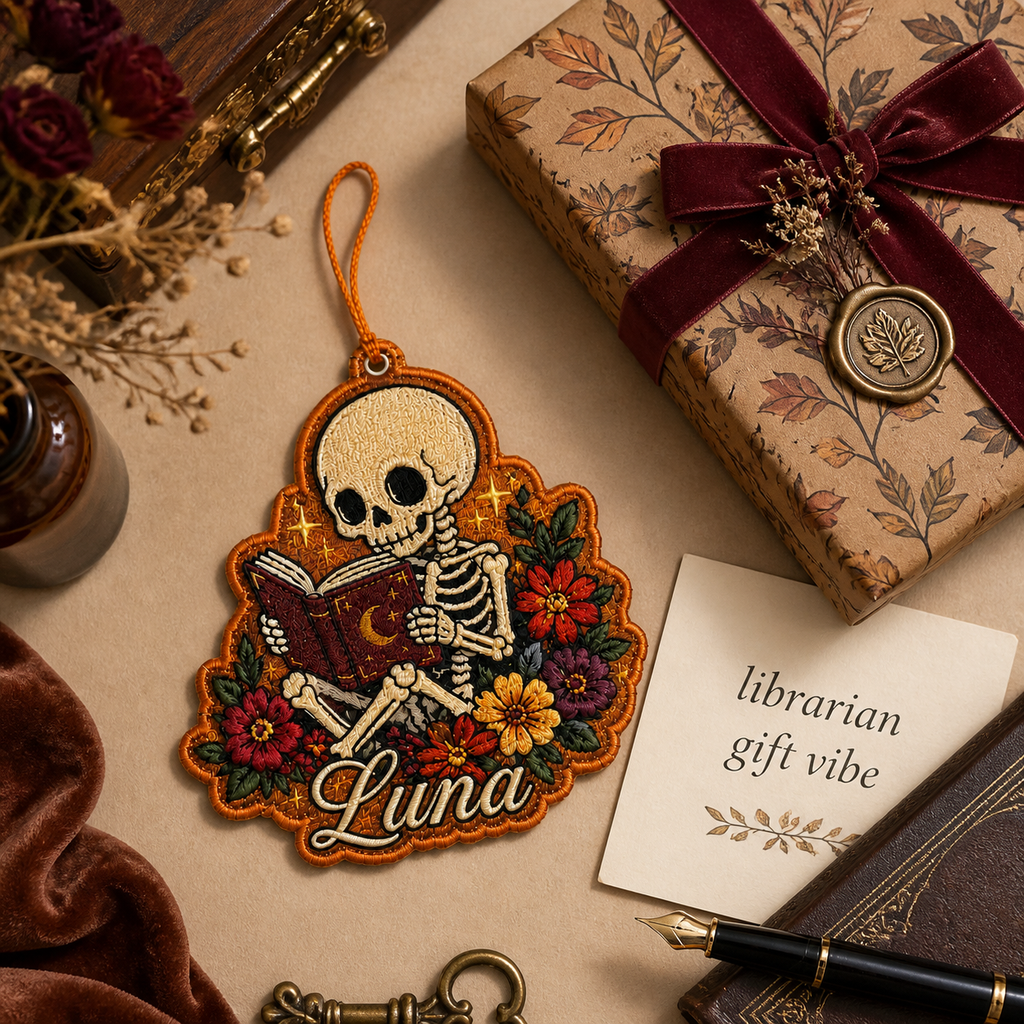Personalized Halloween Skeleton Reading Embroidered Car Ornament