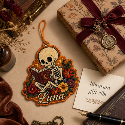 Personalized Halloween Skeleton Reading Embroidered Car Ornament