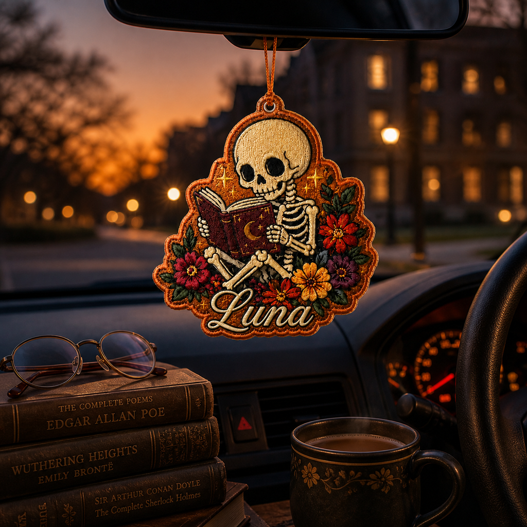 Personalized Halloween Skeleton Reading Embroidered Car Ornament