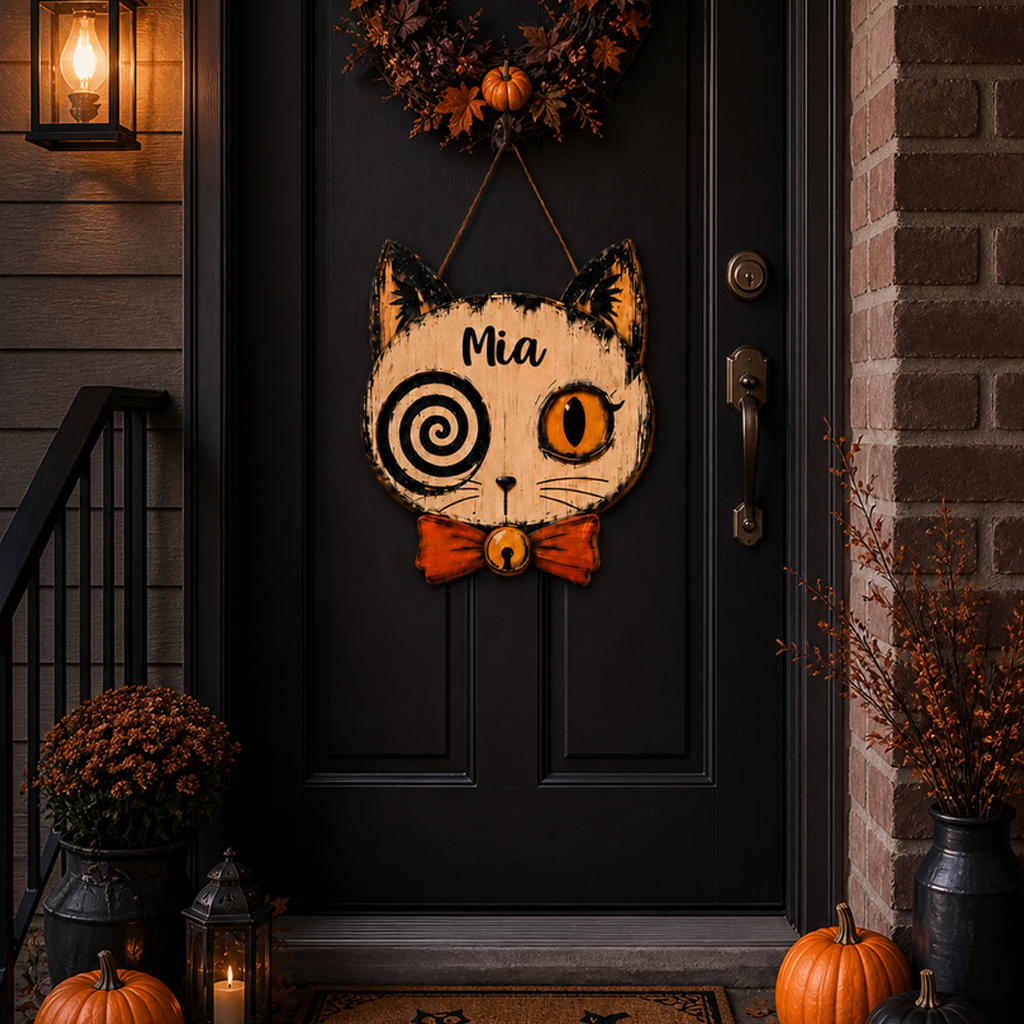 Personalized Spooky Cat Halloween Wooden Door Sign