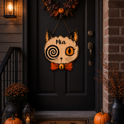 Personalized Spooky Cat Halloween Wooden Door Sign
