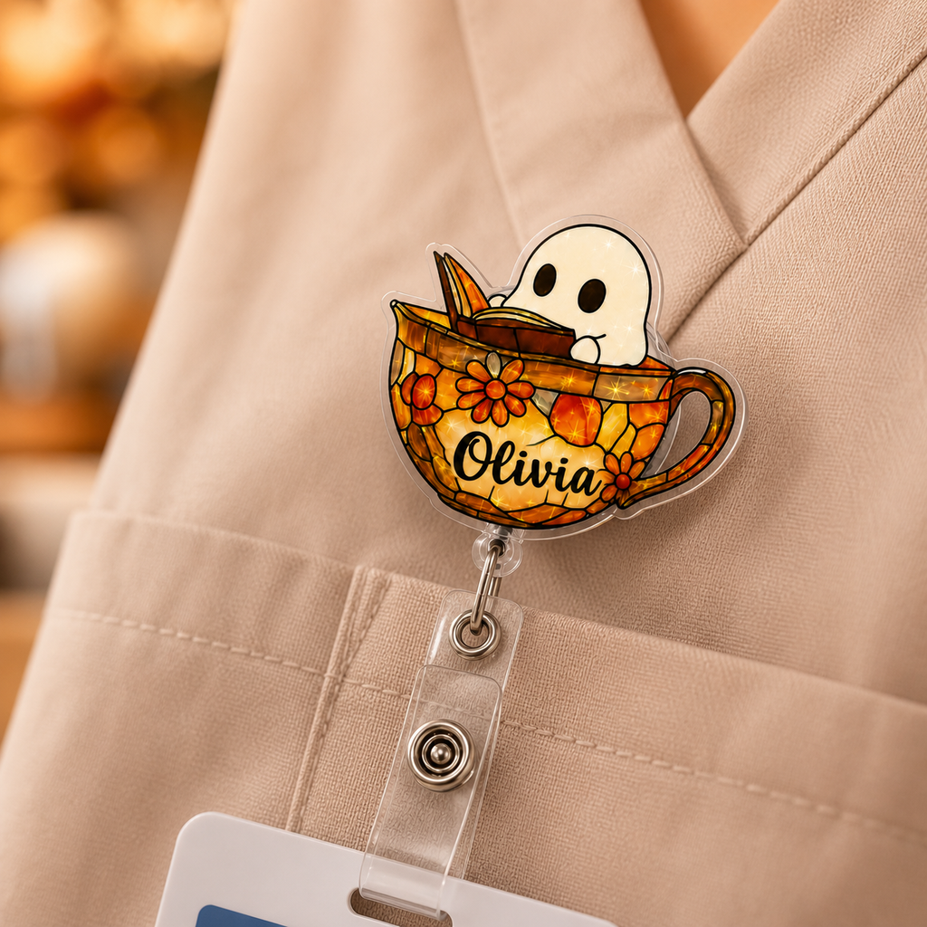 Personalized Halloween Ghost Teacup Badge Reel