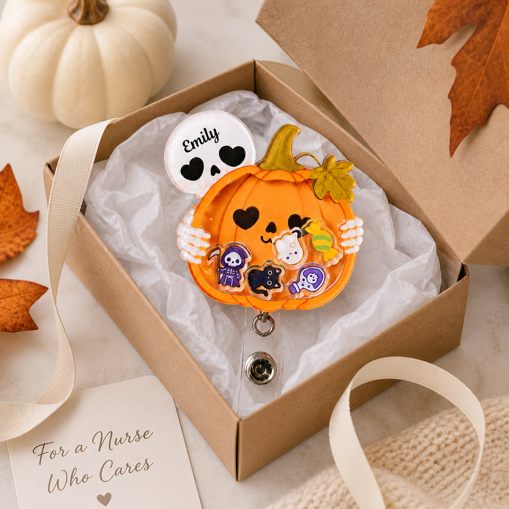 Personalized Pumpkin Skeleton Halloween Badge Reel