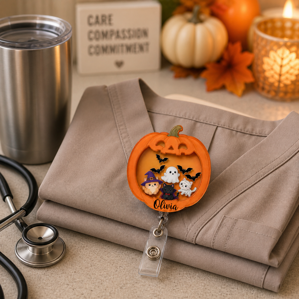 Personalized Halloween Pumpkin Ghost and Cat Badge Reel