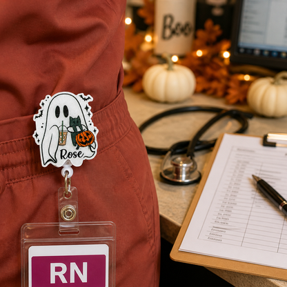 Personalized Halloween Ghost and Cat Badge Reel