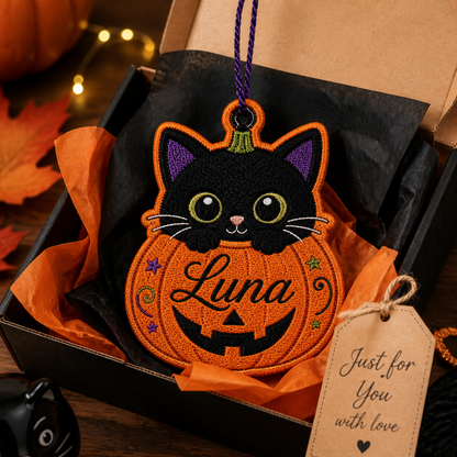 Personalized Black Cat Pumpkin Embroidered Halloween Ornament