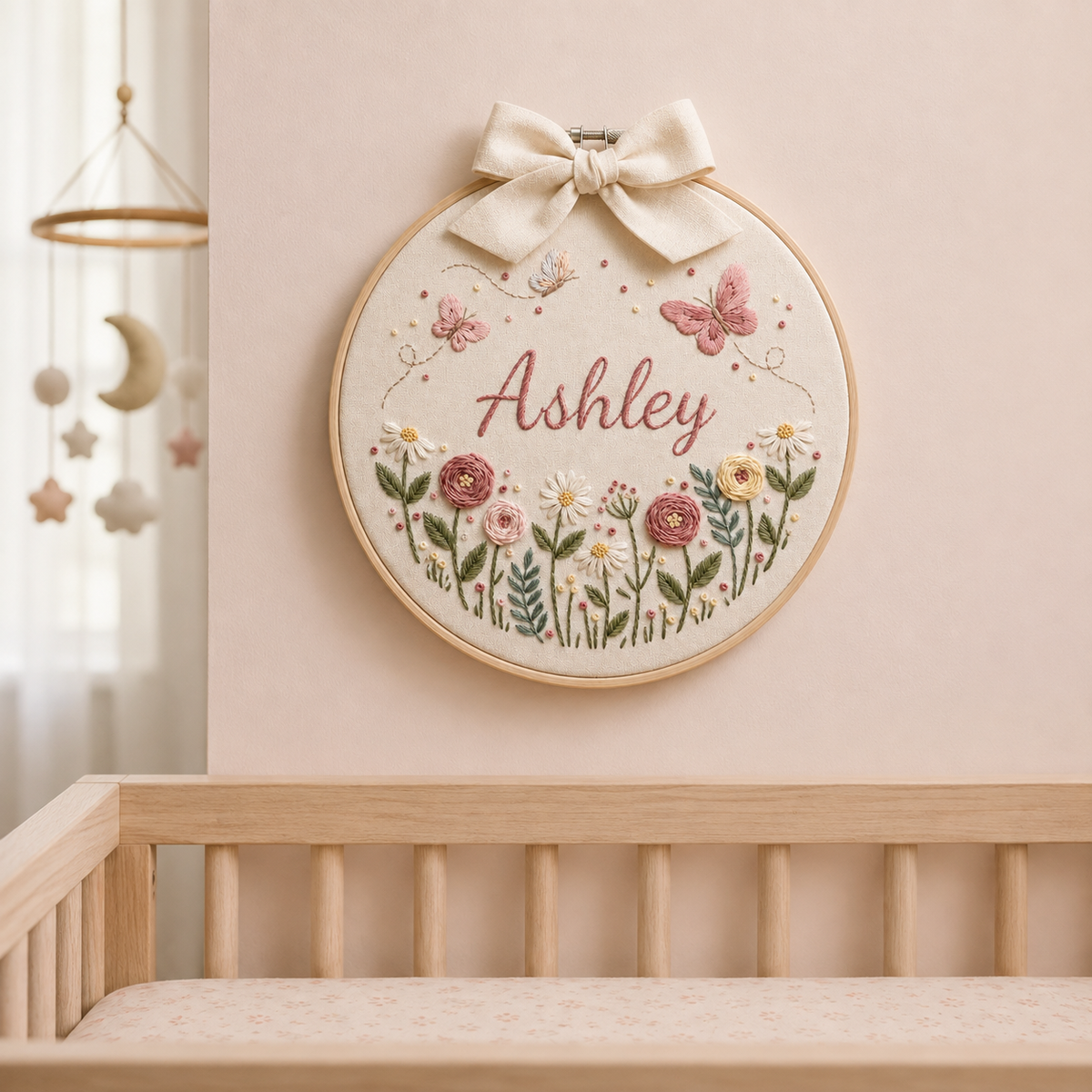 Personalized Butterfly Floral Baby Name Embroidery Hoop