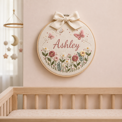 Personalized Butterfly Floral Baby Name Embroidery Hoop