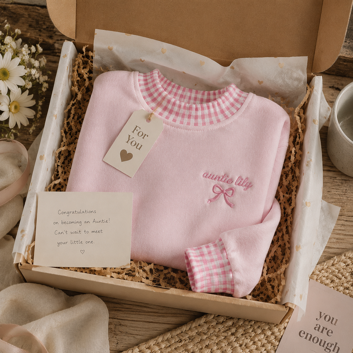Sweet Personalized Auntie Sweatshirt for New Aunts with Gingham Trim