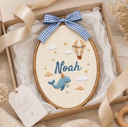 Personalized Whale & Hot Air Balloon Baby Name Embroidery Hoop