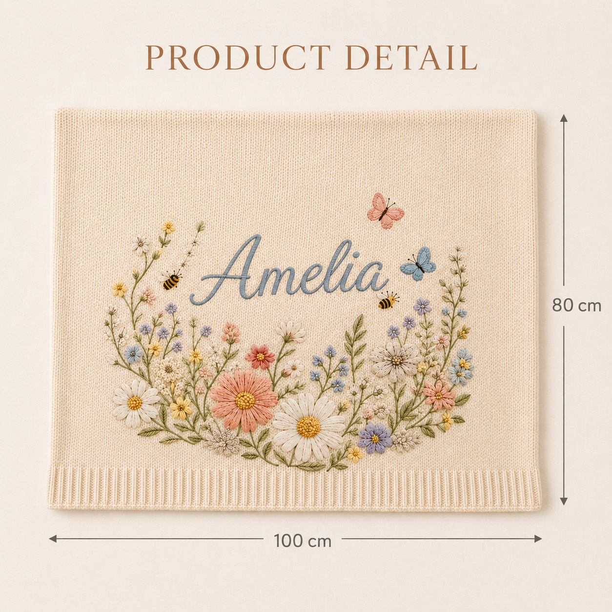 Personalized Wildflower Meadow Embroidered Baby Knit Blanket with Bees & Butterflies
