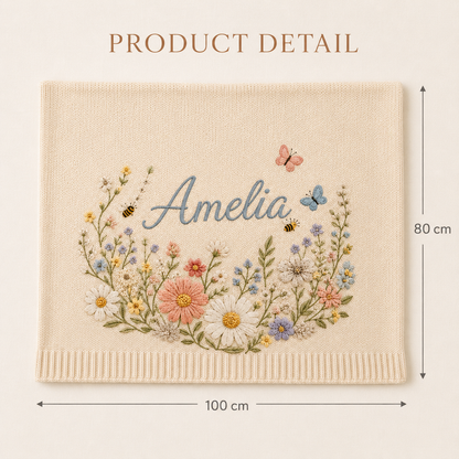 Personalized Wildflower Meadow Embroidered Baby Knit Blanket with Bees & Butterflies
