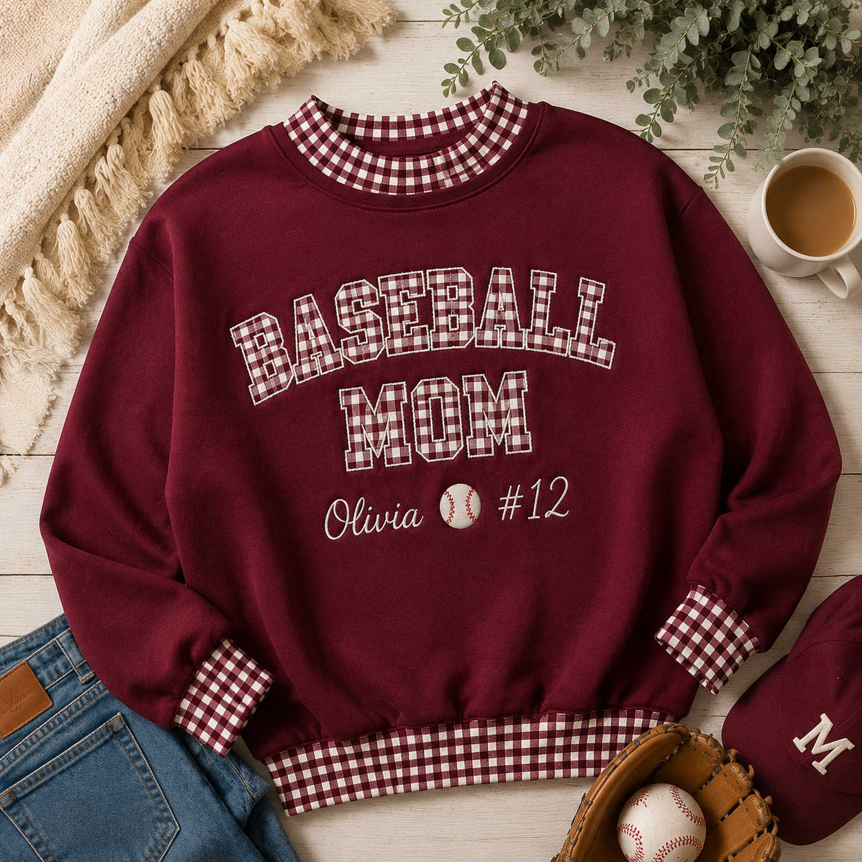 Maroon baseball mom gingham sweatshirt product mockup