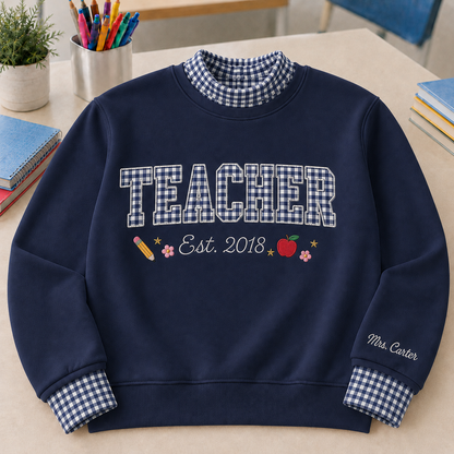 Cute Gingham Sweatshirt for Teachers with Personalized Name Sleeve