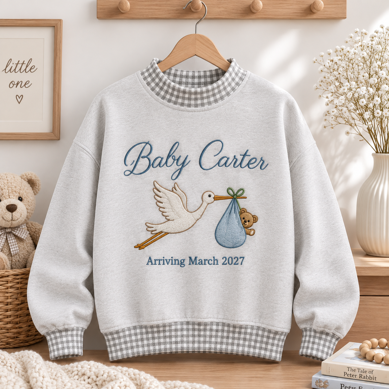 Personalized Baby Announcement Gingham Mockneck Sweatshirt