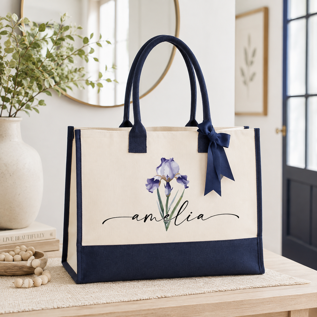 Personalized Floral Name Tote Bag
