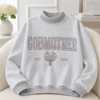 Charming Personalized Godmother Sweatshirt Gingham Mockneck