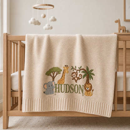 Personalized Safari Jungle Knit Baby Blanket with Embroidered Name
