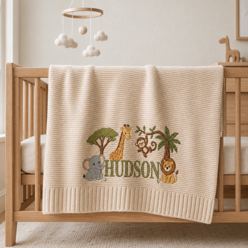 Personalized Safari Jungle Knit Baby Blanket with Embroidered Name