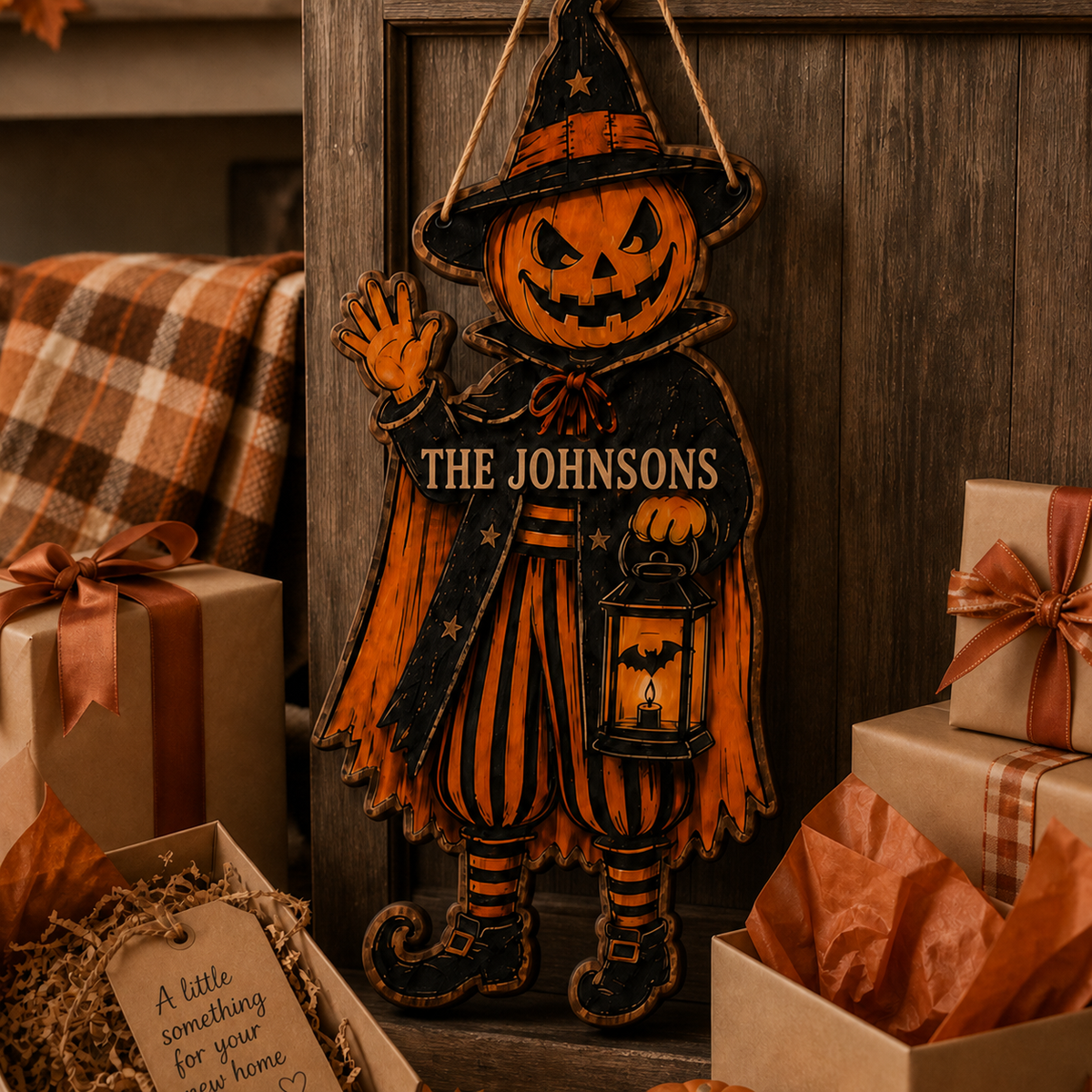 Personalized Pumpkin Witch Halloween Wooden Door Sign