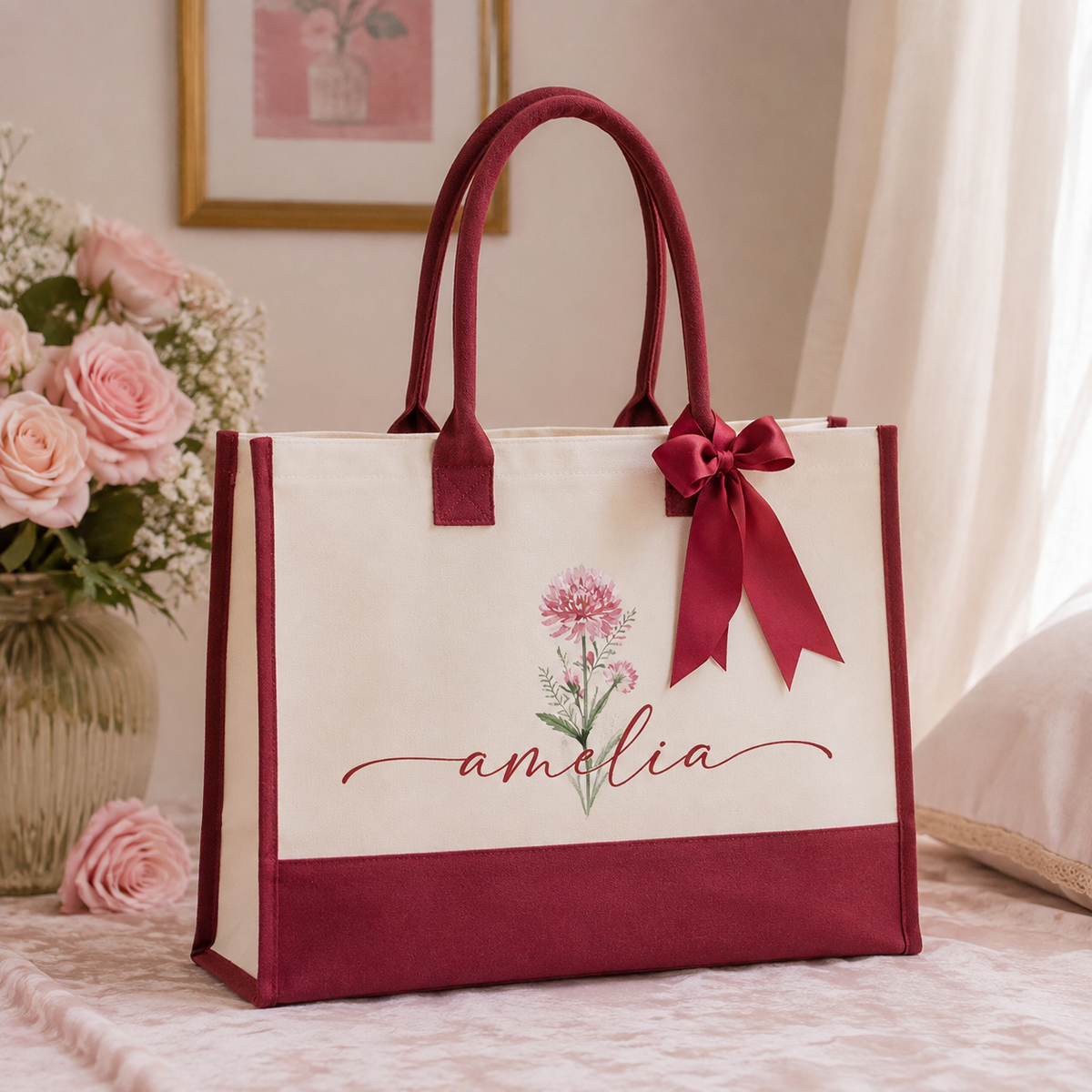 Personalized Floral Name Tote Bag