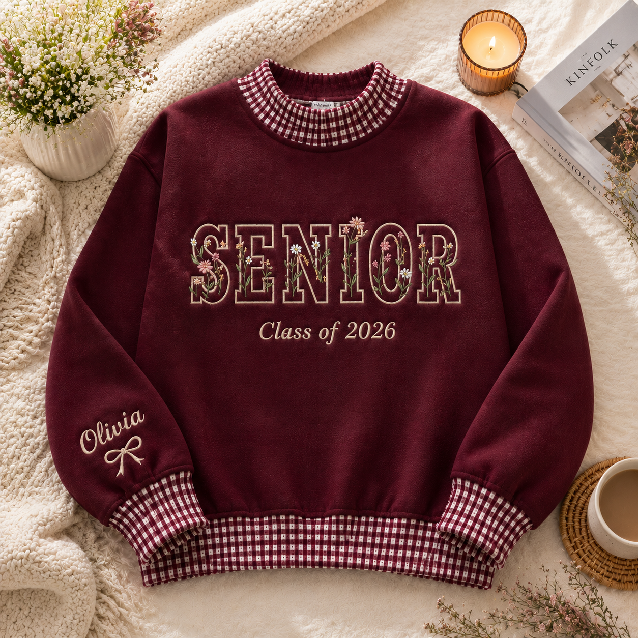Maroon personalized senior sweatshirt with gingham collar Class of 2026