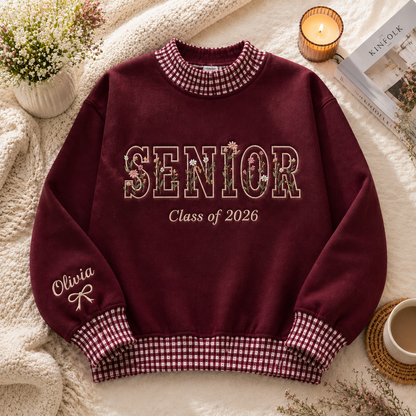 Maroon personalized senior sweatshirt with gingham collar Class of 2026