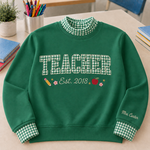 Cute Gingham Sweatshirt for Teachers with Personalized Name Sleeve