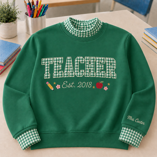 Cute Gingham Sweatshirt for Teachers with Personalized Name Sleeve